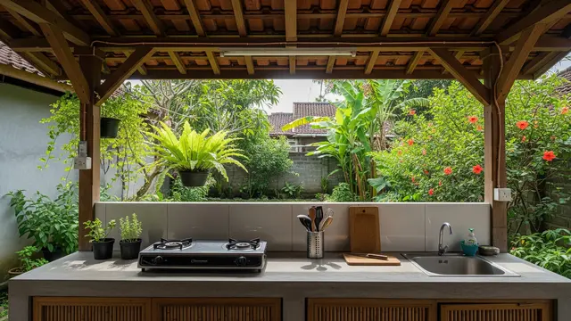 Inspirasi Dapur Belakang Semi Terbuka agar Tidak Panas dan Tetap Nyaman Sepanjang Hari Model Menghadap Halaman Belakang