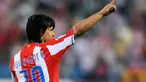 Atletico de Madrid's Kun Aguero celebrates after scoring their second goal against Recreativo de Huelva during a Spanish league football match at Vicente Calderon stadium in Madrid on May 3, 2008. AFP PHOTO / JAVIER SORIANO