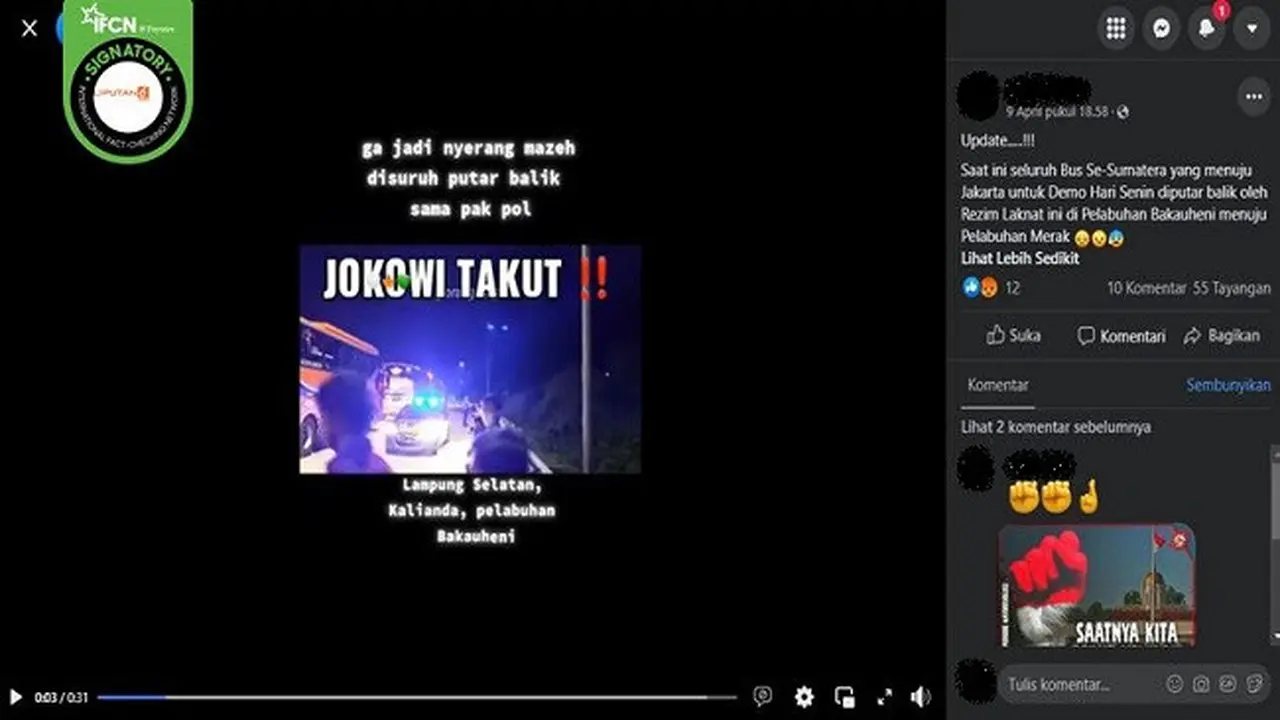 Gambar Tangkapan Layar Video yang Diklaim Bus Pendemo dari Sumatera Diputar Balik di Pelabuhan Bakauheni (sumber: Facebook).