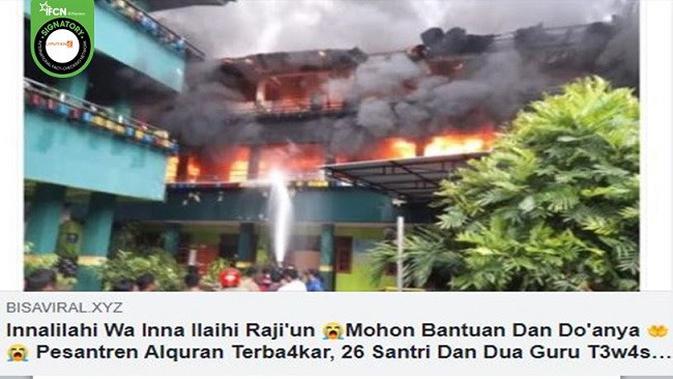 Gambar Tangkapan Layar Foto yang Diklaim Ponpes Alquran Terbakar Sebabkan 26 Santri dan Guru Meninggal Dunia (sumber: Facebook).