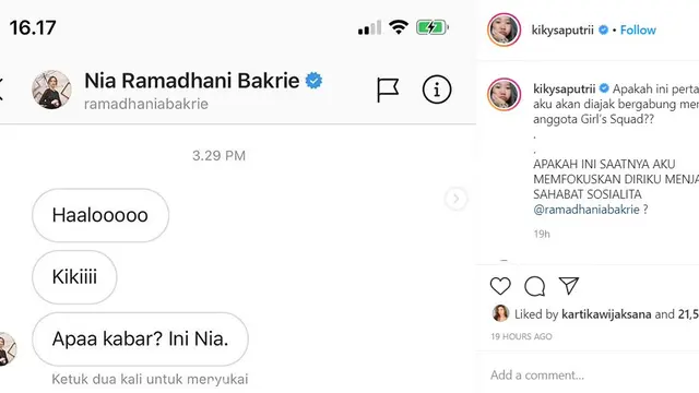 Kiky Saputri pamer percakapannya dengan Nia Ramadhani (https://www.instagram.com/p/CAXM1MuJIBL/)