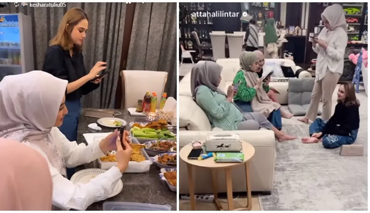 Kumpul arisan sambil makan bareng, begini momen seru kebersamaan Geng Mamayu. Makan-makan jadi puas karena Margin Wieheerm bawa makanan khusus untuk Geng Mamayu. Kumpul satu bulan sekali, Atta Halilintar yang baru sampai rumah unggah keseruan Geng Mamayu yang sedang arisan di story Instagramnya. Namun dalam momen tersebut belum terlihat kehadiran Aaliyah Massaid. (Liputan6.com/IG/@aurelie.hermansyah)