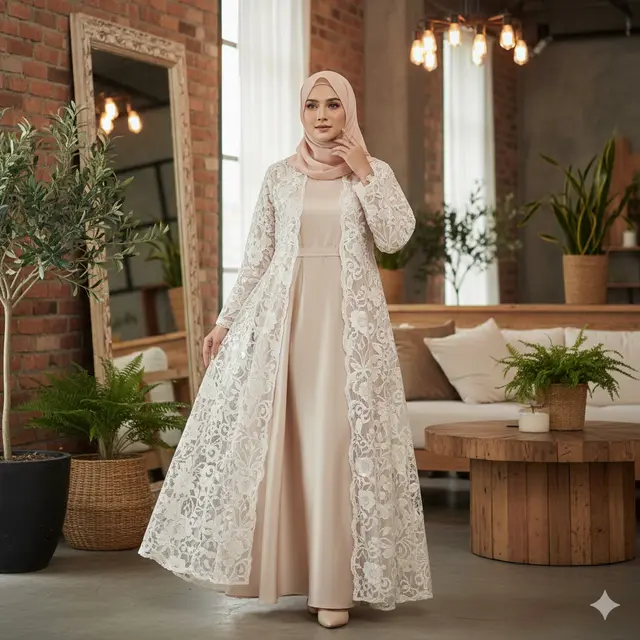 Gamis Inner Satin dengan Outer Tile Brokat (Gemini AI)