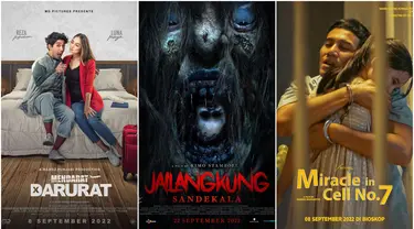 Sejumlah film Indonesia siap menyapa para pecintanya di bioskop pada bulan September 2022. Berbagai genre film telah antre untuk tayang, mulai dari drama keluarga hingga horor. Di antaranya ada Mendarat Darurat, Jailangkung: Sandekala, dan Miracle in Cell No.7. (Instagram/filmmendaratdarurat/filmjailangkung2022/hanungbramantyo)