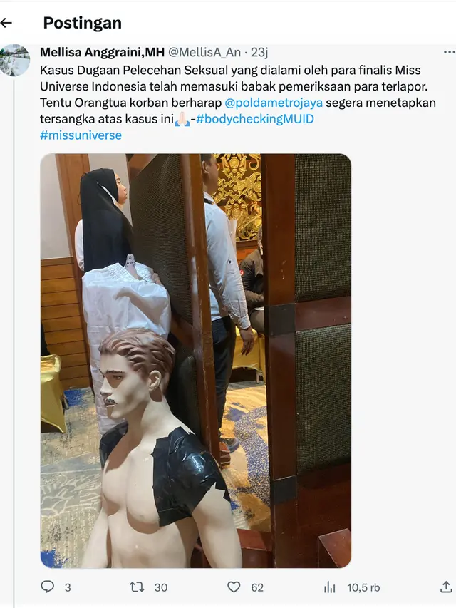 Penjelasan Mellisa Anggraini soal dugaan pelecehan seksual di ajang Miss Universe Indonesia 2023. (Foto: Dok. Twitter @MellisA_An)