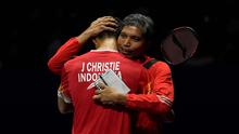 Indonesia memastikan diri lolos ke final Thomas Cup 2024 lewat kemenangan tunggal putra kedua, Jonatan Christie atas Wang Tzu Wei (21-11 dan 21-16). (AP Photo/Ng Han Guan)