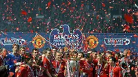 Manchester United merayakan keberhasilan menjuarai Premier League 2008-2009. (AFP/Adrian Dennis)