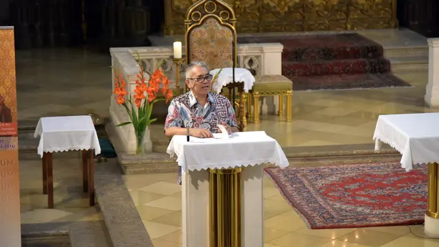 Duta Besar/Wakil Tetap RI untuk Austria, Slovenia, PBB, dan Organisasi Internasional di Wina Damos Dumoli Agusman saat membuka perayaan 70 tahun hubungan diplomatik Indonesia-Austria di Gereja Maria am Gestade pada Senin (8/7/2024).