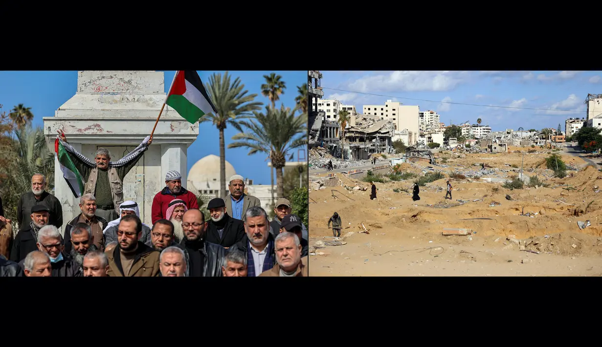 Foto kombinasi yang dibuat pada 23 September 2024 ini menunjukkan para demonstran Palestina yang menghadiri protes terhadap pemukim Yahudi yang menggusur keluarga-keluarga Palestina di distrik Sheikh Jarrah, Yerusalem, di Alun-alun Tentara Tak Dikenal di Kota Gaza, 16 Februari 2022 (foto kiri) dan alun-alun yang dihancurkan pada 22 September 2024 di tengah-tengah perang yang tengah berlangsung di wilayah Palestina antara Israel dan Hamas. (MOHAMMED ABED dan Omar AL-QATTAA/AFP)