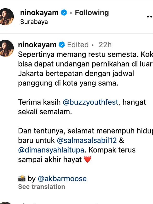 Unggahan Nino vokalis RAN. (Foto: Dok. Instagram @ninokayam)