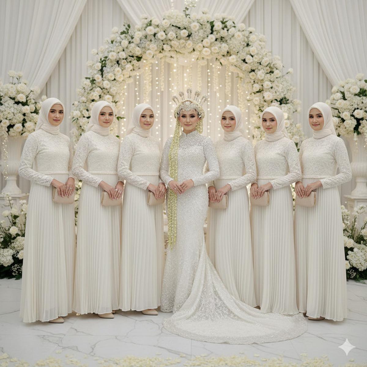 7 Model Gamis Brokat Soft Color Tapi Tetap Tampil Stand Out untuk Bridesmaid Berhijab 2025