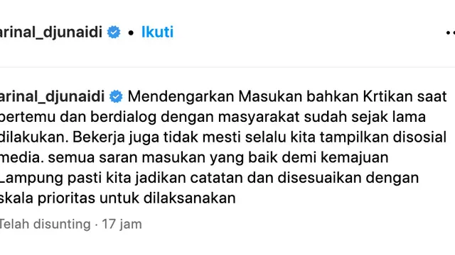 Cuitan Gubernur Lampung Arinal Djunaidi. (Foto: Dok. Instagram @arinal_djunaidi)