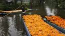 Buruh tani mengangkut bunga cempasúchil dengan perahu melalui kanal Xochimilco di Mexico City, Rabu (19/10/2022). Total luas ladang Cempasuchil atau bunga marigold mencapai 1.700 hektare yang tersebar di 14 negara bagian, mulai dari wilayah utara Baja California hingga wilayah selatan Oxaca. (AP Photo/Marco Ugarte)