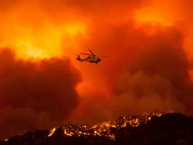Helikopter bersiap untuk menjatuhkan air ke api yang membakar Hutan Nasional Angeles di California, Amerika Serikat, Rabu (12/8/2020). Kebakaran yang diberi nama Lake Fire tersebut terjadi di sekitar Danau Hughes. (AP Photo Ringo H.W. Chiu)