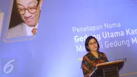 Menkeu Sri Mulyani Indrawati memberi sambutan dalam acara penetapan nama Gedung Utama Kantor Pusat Direktorat Jenderal Pajak (DJP) di Jakarta, Kamis (19/1). (Liputan6.com/Immanuel Antonius)