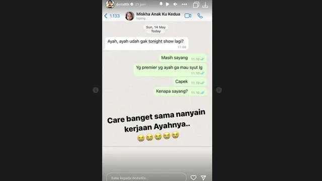Sweet Banget, Desta Pamerkan Chat Miskha yang Tunjukkan Kepeduliannya terhadap Sang Ayah