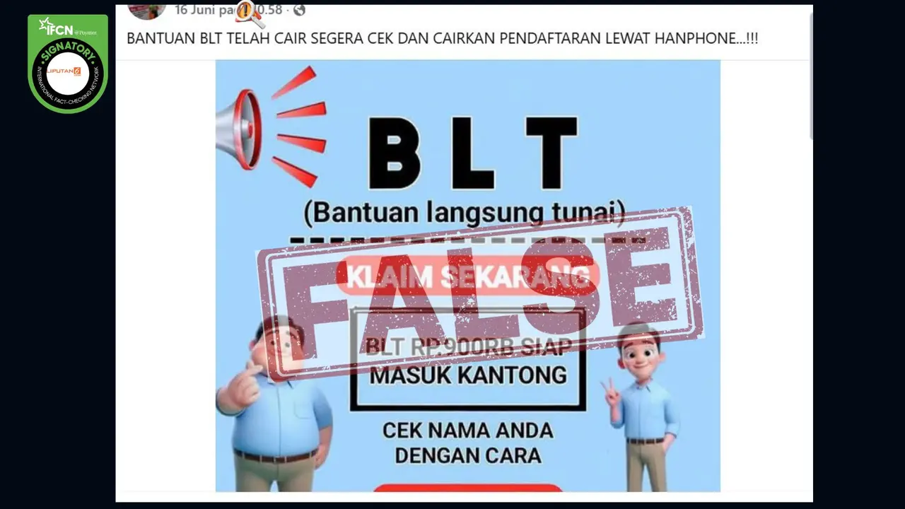 Cek Fakta Liputan6.com menangkap layar klaim link pendaftaran pencairan BLT lewat handphone