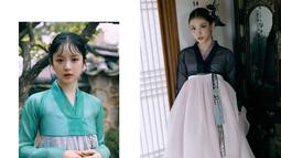 Hanni dan Haerin NewJeans mengenakan hanbok dengan warna yang lebih gelap membuat keseluruhan pemotretan tampak misterius dan menawan. (Foto: Instagram/ newjeans_official)