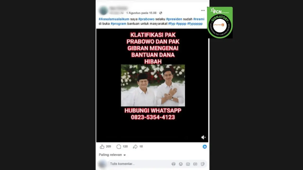Cek Fakta Liputan6.com mendapati klaim video Presiden Prabowo Subianto dan Wapres Gibran Rakabuming mengumumkan bantuan dana hibah.