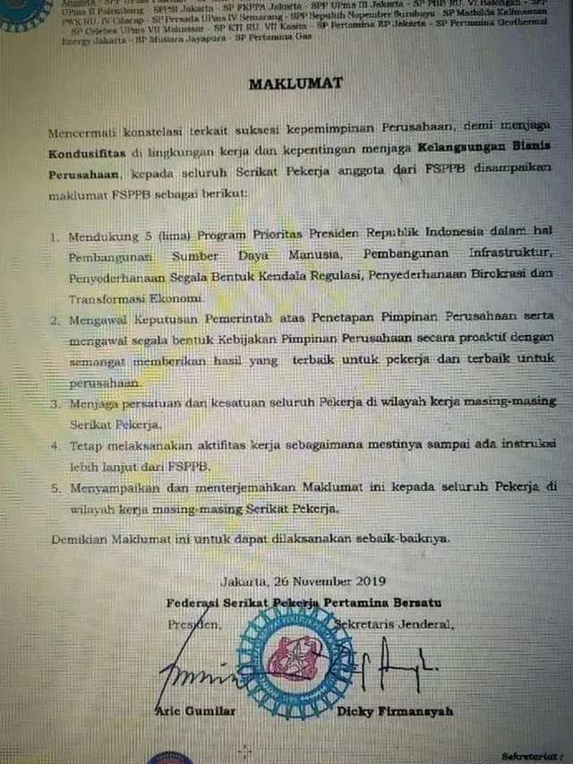 Maklumat Federasi Serkiat Pekerja Pertamina Bersatu (FSPPB).