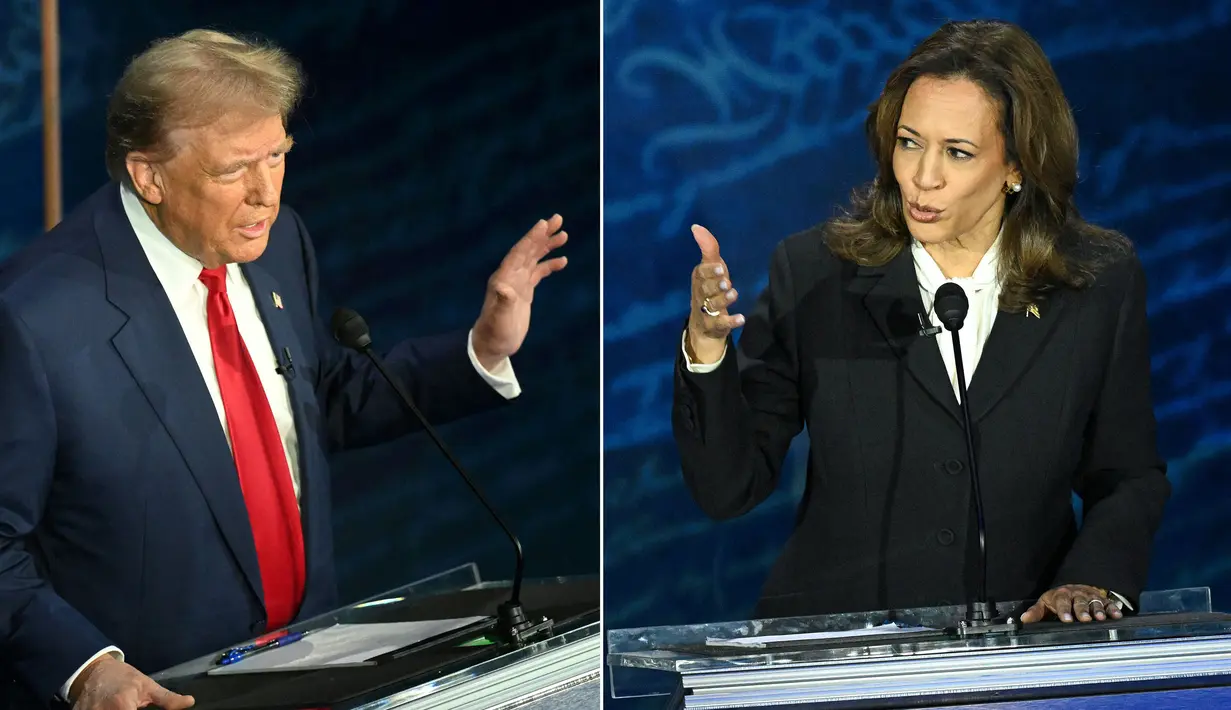 Foto kombinasi yang dibuat pada tanggal 10 September 2024 ini menunjukkan mantan Presiden AS dan calon presiden dari Partai Republik, Donald Trump (foto kiri) dan Wakil Presiden AS dan calon presiden dari Partai Demokrat, Kamala Harris berpartisipasi dalam debat kepresidenan di National Constitution Center di Philadelphia, Pennsylvania, pada tanggal 10 September 2024. (SAUL LOEB/AFP)