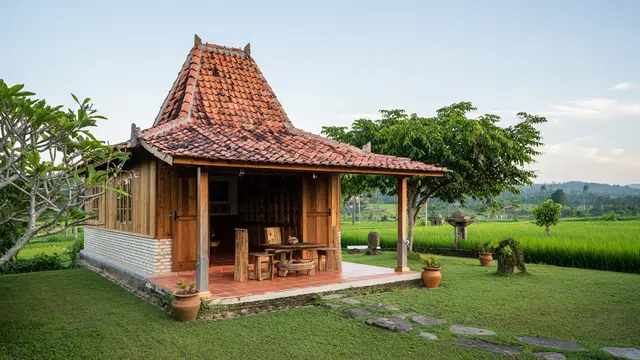 Model Rumah Sederhana dengan Suasana Tenang Pedesaan Cocok untuk Slow Living Lansia (AI)