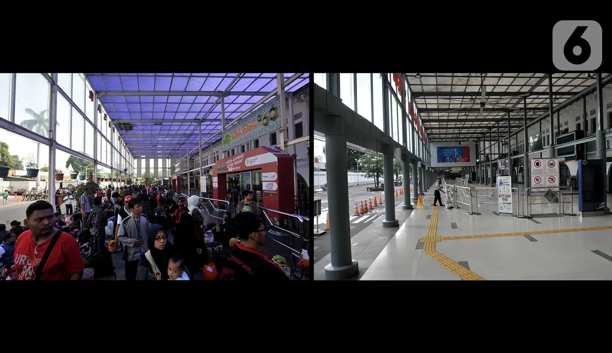 Foto kombo menunjukkan suasana arus mudik H-2 Idul Fitri 2019 (kiri) dan H-2 Idul Fitri 2020 (kanan) di Stasiun Pasar Senen, Jakarta, Jumat (22/5/2020). Larangan mudik bagi warga Jakarta karena pandemi COVID-19 menyebabkan pemandangan kontras di Stasiun Pasar Senen. (merdeka.com/Iqbal S. Nugroho)