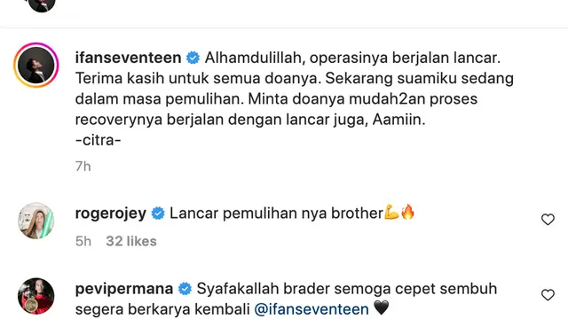 Unggahan Citra Monica mengabarkan kondisi terkini Ifan Seventeen. (Foto: Dok. Instagram @citra_monica)