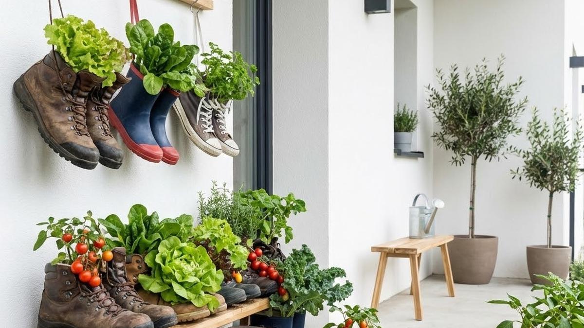 12 Desain Kebun Sayur Pakai Sepatu Bekas, Cocok untuk Teras Rumah Minimalis