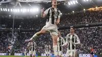 Pemain Juventus, Kenan Yildiz, merayakan gol yang dicetaknya ke gawang Genoa dalam laga giornata 30 Serie A Liga Italia 2024/2025 di Allianz Stadium, Minggu (30/3/2025) dini hari WIB. (Fabio Ferrari/LaPresse via AP)