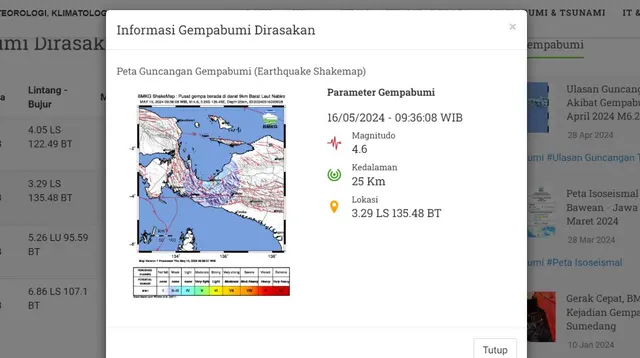 Beberapa kali di sejumlah wilayah Indonesia pada hari ini, Kamis (16/5/2024) digetarkan lindu. Hingga pukul 20.15 WIB, ada tiga kali gempa hari ini di Bumi Pertiwi. (www.bmkg.go.id)