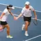 Selebrasi ganda putri Indonesia, Aldila Sutjiadi/Janice Tjen usai meraih poin saat menghadapi wakil Chinese Taipei, Chan Hao Ching/Chan Yung Jan pada laga semifinal nomor ganda putri tenis Asian Games 2022 di Hangzhou Olympic Centre Tennis, Hangzhou, China, Kamis (28/9/2023) siang WIB. (NOC Indonesia/Hendri K Rahman)