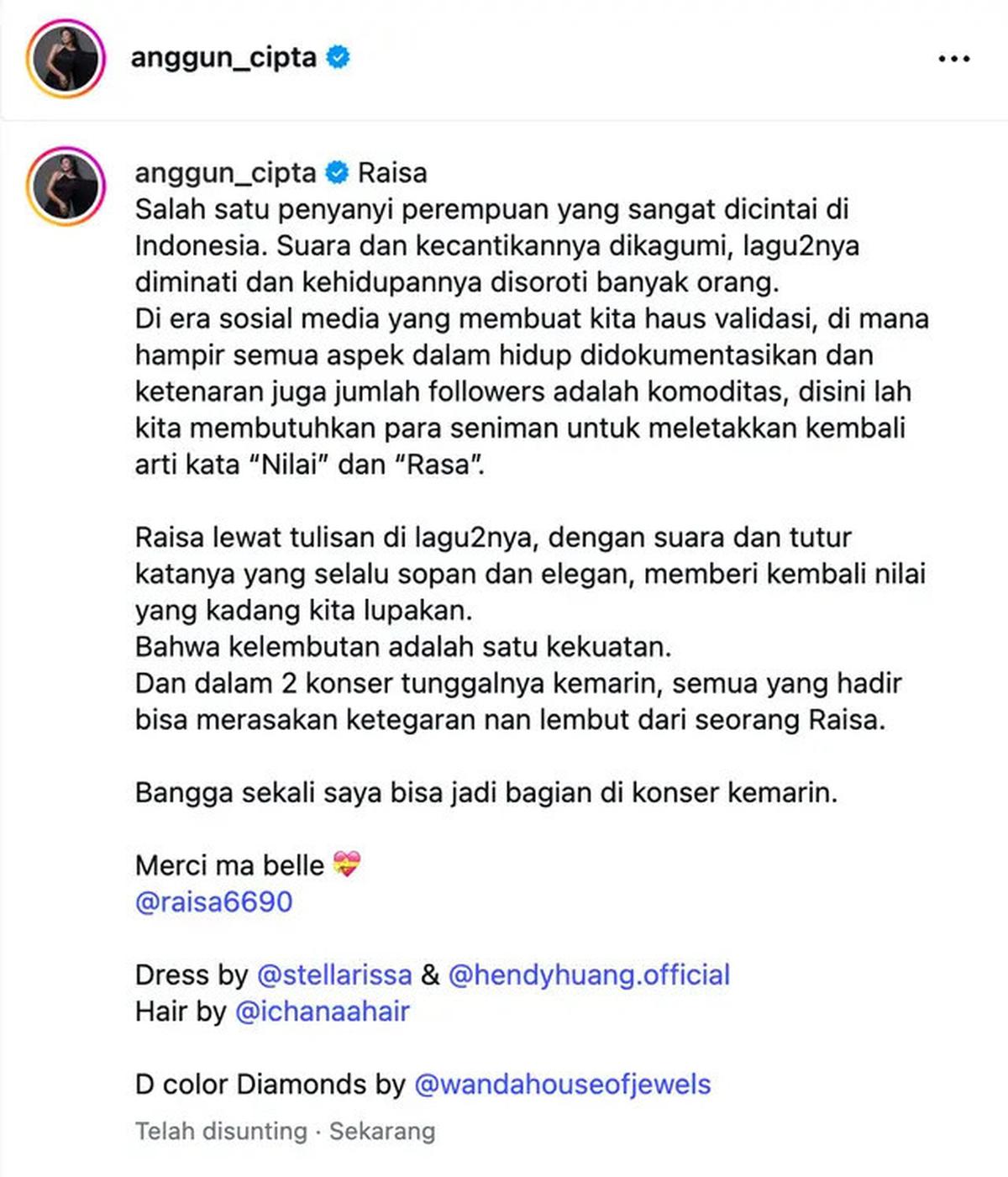 Surat Terbuka Anggun untuk Raisa Setelah Konser, Ingatkan Kelembutan Adalah Kekuatan