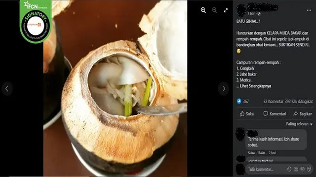 Gambar Tangkapan Layar Klaim Klaim Minum Air Kelapa Muda Bakar Bisa Sembuhkan Batu Ginjal hingga Asam Urat (sumber: Facebook).