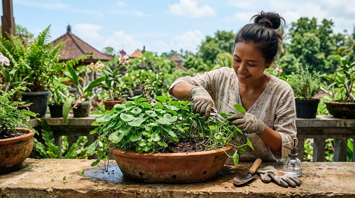 Ilustrasi Cara Menanam Pegagan dalam Pot Dangkal/AI Generated