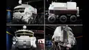 Foto kombinasi menunjukkan model dalam skala penuh dari kendaraan penjelajah bulan bertekanan berawak pertama di dunia yang akan digunakan dalam program eksplorasi bulan Artemis yang dipimpin oleh Badan Penerbangan dan Antariksa Nasional Amerika Serikat (NASA) pada 11 Juli 2025. (Kazuhiro NOGI/AFP)