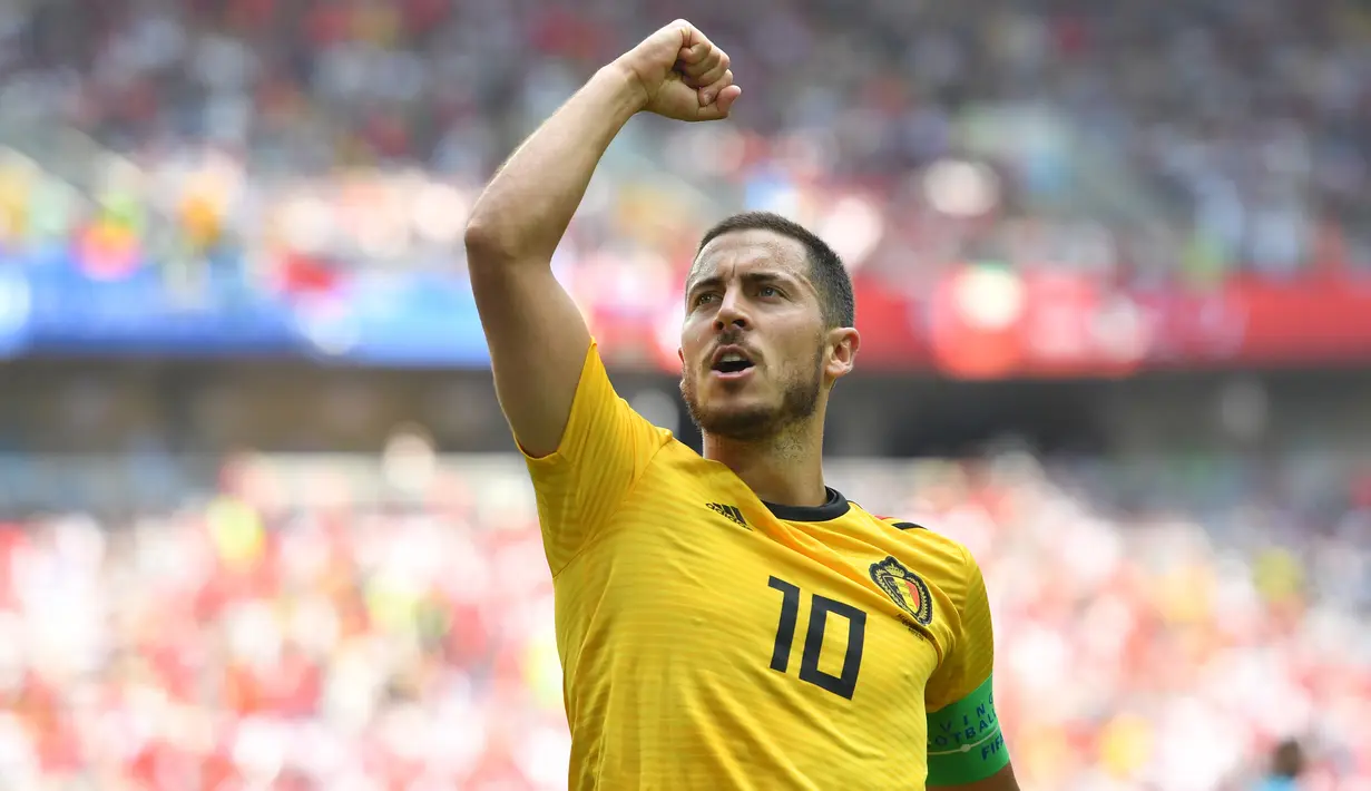 Pemain depan Belgia, Eden Hazard melakukan selebrasi usai mencetak gol ke gawang Tunisia dalam Piala Dunia di Stadion Spartak, Moskow, 23 Juni 2018. Hazard masuk dalam kandidat pemain terbaik FIFA 2018. (AFP PHOTO/Yuri CORTEZ)
