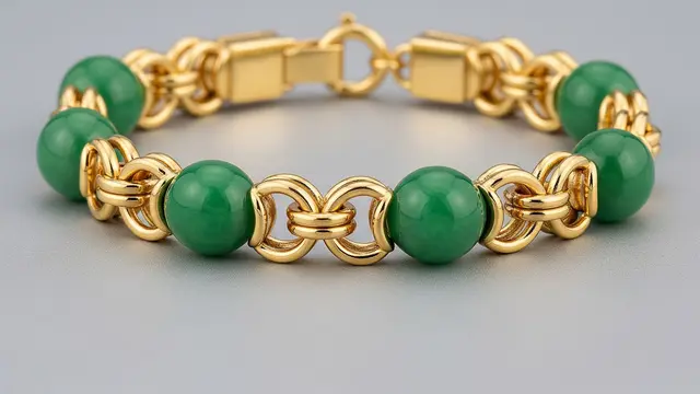 Gelang Emas Rantai dengan Ornamen Giok Hijau Tosca