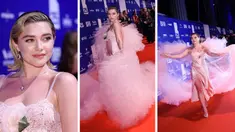 Foto kolase Florence Pugh saat menghadiri British Independent Film Awards ke-25 di London, Inggris pada Minggu, 4 Desember 2022. (Photo by Vianney Le Caer/Invision/AP)