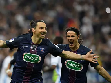 Zlatan Ibrahimovic mencetak 2 gol saat Paris Saint-Germain (PSG) menang 4-2 atas Olympique Marseille pada final Coupe de France di Stade de France, Sabtu (21/5/2016). (AFP/Franck Fife)