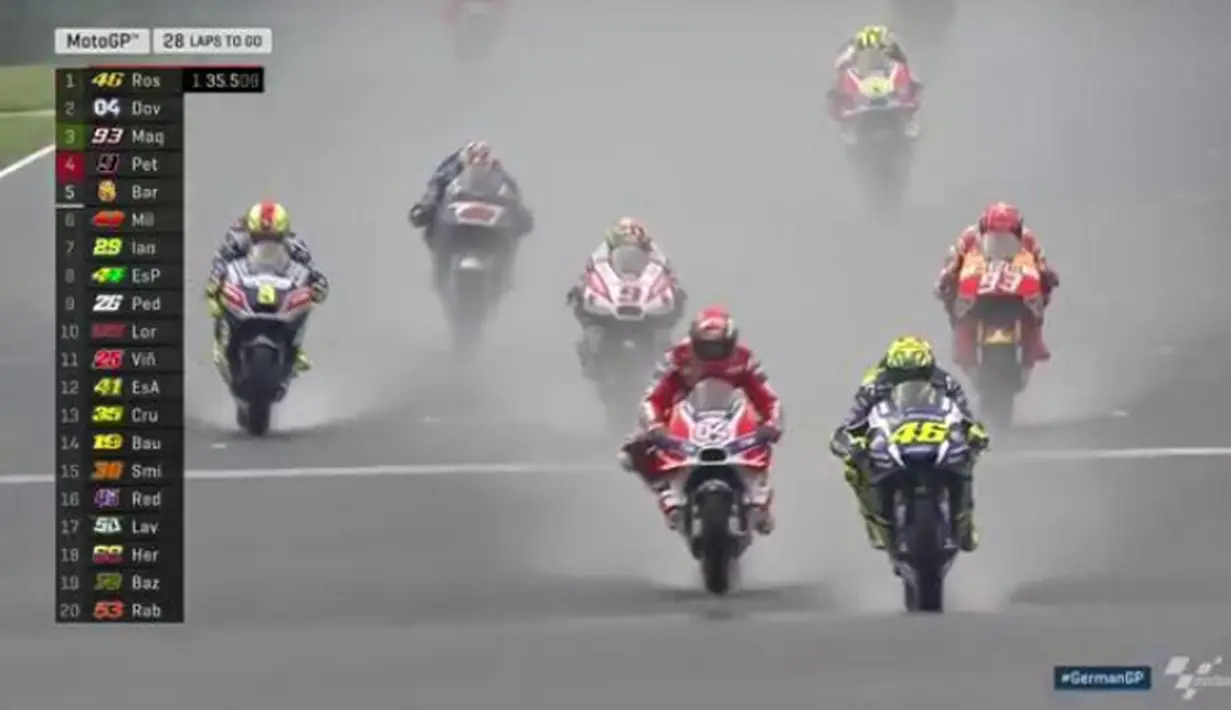 Valentino Rossi sempat memimpin balapan MotoGP Jerman di Sirkuit Sachsenring, Minggu (17/7/2016), namun akhirnya harus puas finis ke-8. (Bola.com/Twitter/MotoGP)