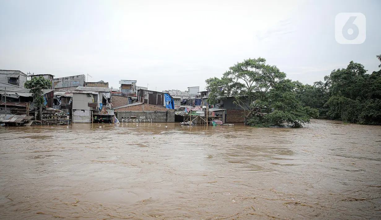 Kondisi banjir yang merendam permukiman warga bantaran Sungai Ciliwung, Jakarta, Senin (10/10/2022). Hingga pukul 09.00 WIB hari ini, Badan Penanggulangan Bencana Daerah (BPBD) DKI Jakarta mencatat sebanyak 68 RT di Jakarta terendam banjir akibat luapan Sungai Ciliwung. (Liputan6.com/Faizal Fanani)