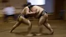 Pegulat sumo saling dorong saat berlatih di Musashigawa Sumo Stable di Beppu, Jepang, Jumat (18/10/2019). Sumo adalah olahraga tradisional Jepang. (AP Photo/Aaron Favila)