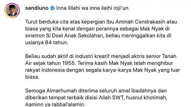 Unggahan Sandiaga Uno untuk Aminah Cendrakasih. (Foto: Dok. Instagram @sandiuno)