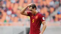 Ekspresi&nbsp;pemain Timnas Spanyol U-17,&nbsp;Marc Guiu saat pertandingan perempat final Piala Dunia U-17 2023 melawan Timnas Jerman U-17 yang berlangsung di Jakarta International Stadium, Jumat (24/11/2023). (Bola.com/M Iqbal Ichsan)