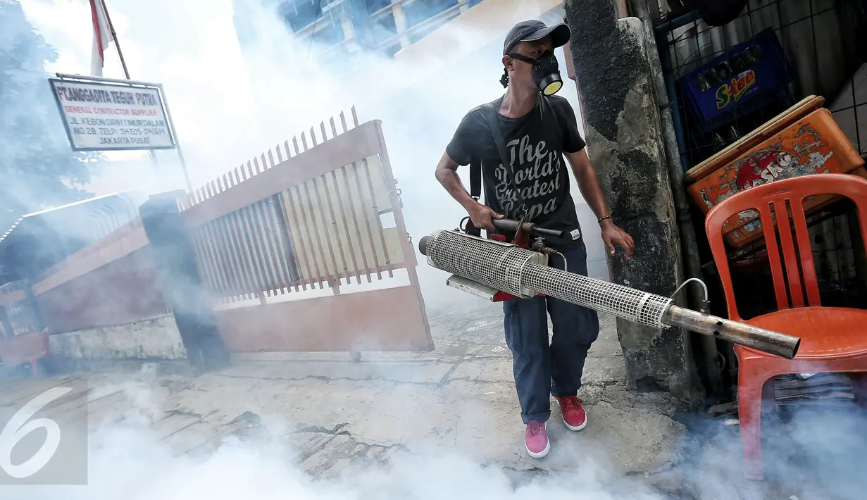 Seorang petugas melakukan pengasapan (fogging) di kelurahan Menteng, Jakarta, Senin (8/2). Pengasapan oleh petugas puskesmas itu dilakukan untuk mencegah wabah penyakit demam berdarah yang kerap muncul pada peralihan musim. (Liputan6.com/Faizal Fanani)