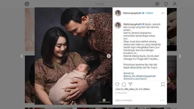 Fotografer juga turut mengunggah foto keluarga Ahok dan Puput Nastiti Devi bersama anak mereka Yosafat Abimanyu Purnama.