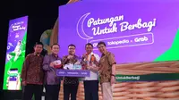 Konferensi Pers Patungan untuk Berbagi Ovo x Tokopedia x Grab di Jakarta, Kamis (2/5/2019). (Liputan6.com/ Agustinus M. Damar)