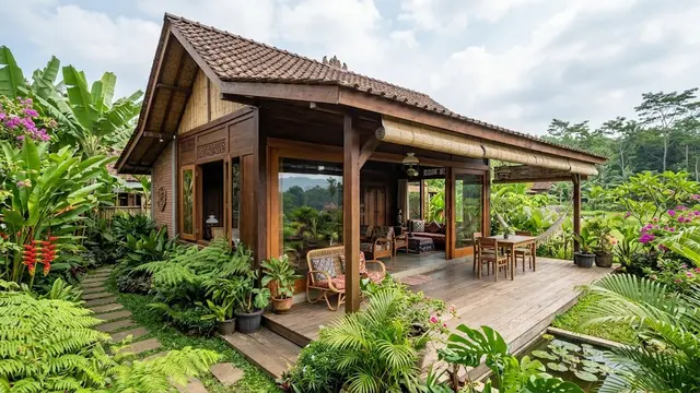 Ide Rumah Kampung dengan Bukaan Besar dan Tanaman/AI Generated