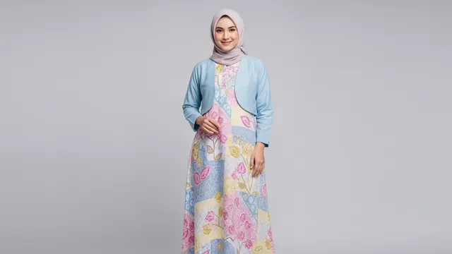 Gamis Batik Pastel Rayon dengan Outer Bolero Polos